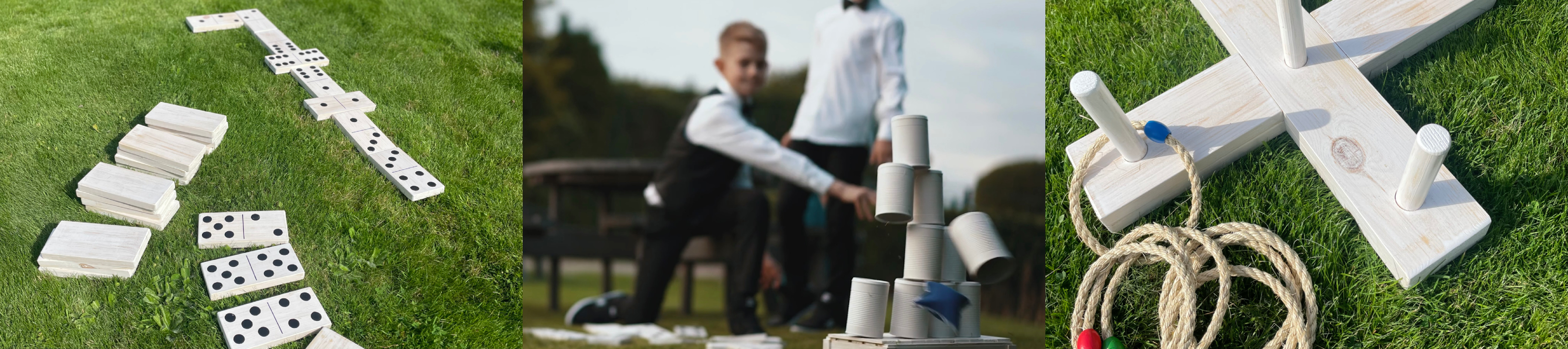 lawn games for weddings: young boys in tuxedos laughing while throwing bean bags at tin cans, with giant wooden dominos and hooplah games either side of them